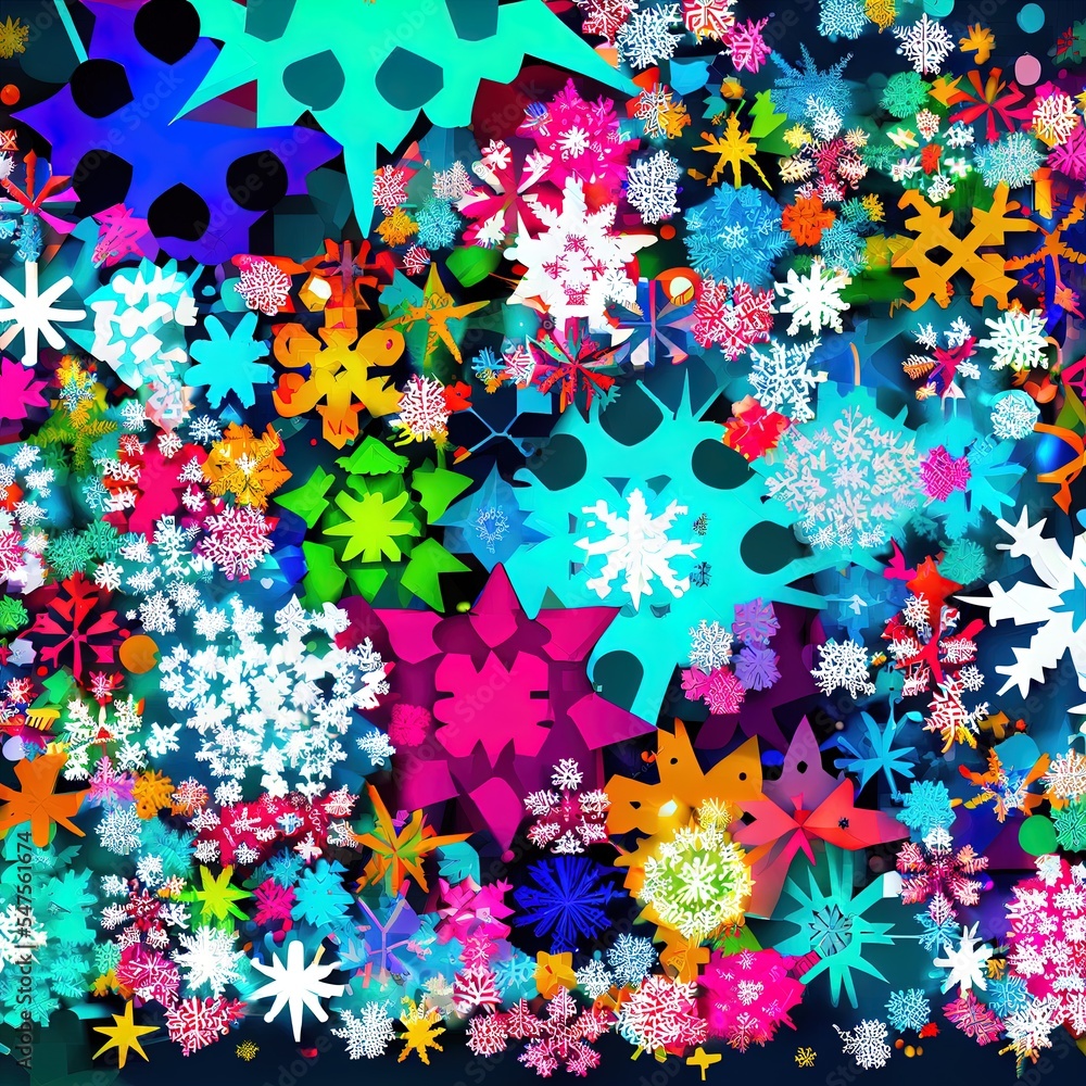 Poster abstract background with a variety of colorful snowflakes. big and small.