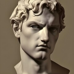 3D illustration featuring a white marble statue bust of an ancient Greek or Roman man with chiseled features. - obrazy, fototapety, plakaty