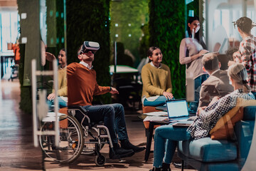 Business persons with a disability at work in modern open space coworking office on team meeting using virtual reality goggles.
