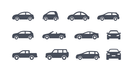 Set of monochrome icons of different cars. Simple stickers with automobiles or vehicles for transportation. Design elements for site. Cartoon flat vector collection isolated on white background