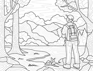 Fototapeta na wymiar Design for coloring book. Poster with traveler guy looking at forest landscape with trees, mountains and river. Antistress for children or adults. Simple linear vector illustration in zen tangle style