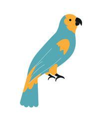 Colorful Cuban element. Sticker with beautiful blue tropical bird. Wild exotic parrot. Design element for sticker or print on paper. Cartoon flat vector illustration isolated on white background
