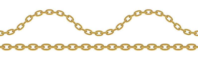 Seamless golden chain. Realistic vector wavy and straight chains.