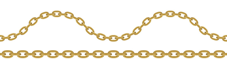 Seamless golden chain. Realistic vector wavy and straight chains.