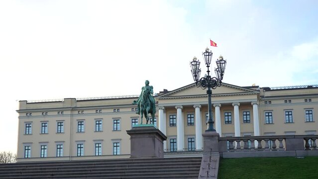 A statue of Karl Johan outside The Royal Palace (Det kongelige slott) in Oslo Norway