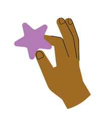 Colorful hand holding stuff. Sticker with character palm holding purple star. Feedback or quality rating. Design element for social networks. Cartoon flat vector illustration isolated on white