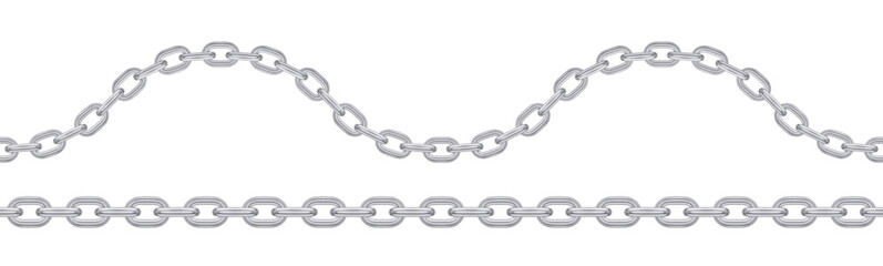 Seamless silver chain. Realistic vector wavy and straight chains.
