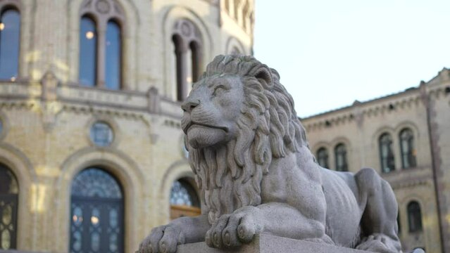 A lion statue outside The Storting Norwegian Parliament located in the capital, Oslo