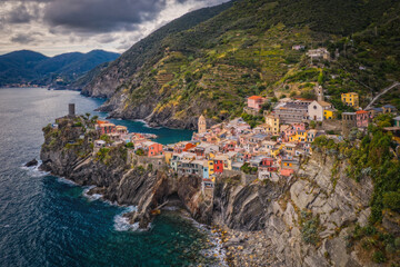 An aerial shot of Vernazza village by the sea, Cinque Terre, Italy. September 2022