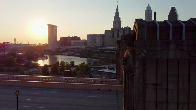 Monuments and city skyline at sunset - Cleveland, Ohio