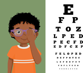 Cute little African boy with eyeglasses cover his eye having vision test reading block letters at ophthalmologist office - obrazy, fototapety, plakaty