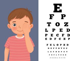 Cute little boy cover his eye having vision test reading block letters at ophthalmologist office