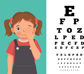 Cute little girl cover her eye having vision test reading block letters at ophthalmologist office - obrazy, fototapety, plakaty