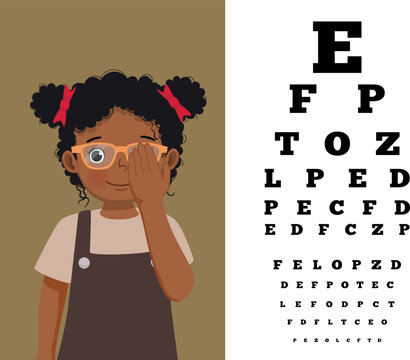 Cute little African girl with eyeglasses cover her eye having vision test reading block letters at ophthalmologist office