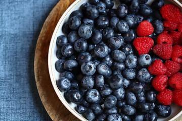 Fresh selected raspberries and blueberries in a bowl. Healthy snack. Berries for dessert. Close-up.