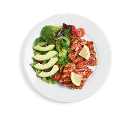 Tasty grilled salmon with avocado, lemon and tomatoes on white background, top view