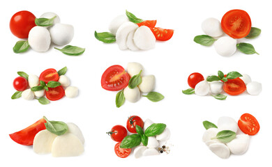 Set with delicious mozzarella, fresh tomatoes and basil on white background