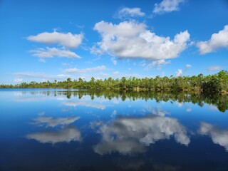 Beautiful autumn cloudscape over Pine Glades Lake in Everglades National Park, Florida on sunny morning.