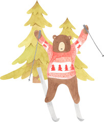 Watercolor Winter Bear - Illustration Christmas hand drawn for nursery decoration with animal family, forest animals, woodland compositions