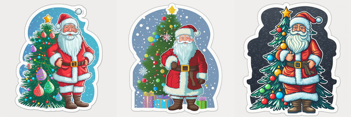 Fototapeta premium Collection sticker vector design of Santa Claus with Christmas tree.