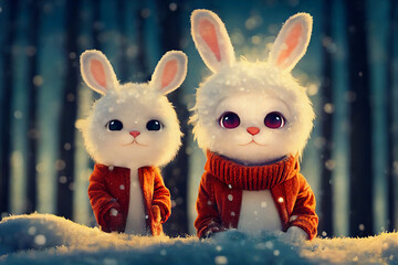 Bunny Rabbits  Wearing Coats in a Snowy Forest