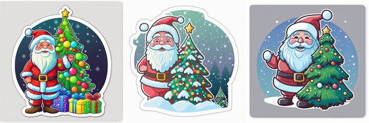 Fototapeta na wymiar Collection sticker vector design of Santa Claus with Christmas tree.