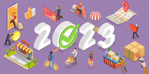 3D Isometric Flat Vector Conceptual Illustration of E-commerce Trends In New Year 2023, Online Shopping And Retail Perspectives In Nearest Future