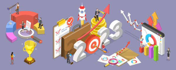 3D Isometric Flat Vector Conceptual Illustration of 2023 - Successful Year Of Financial Opportunities, Business Plans And Goals
