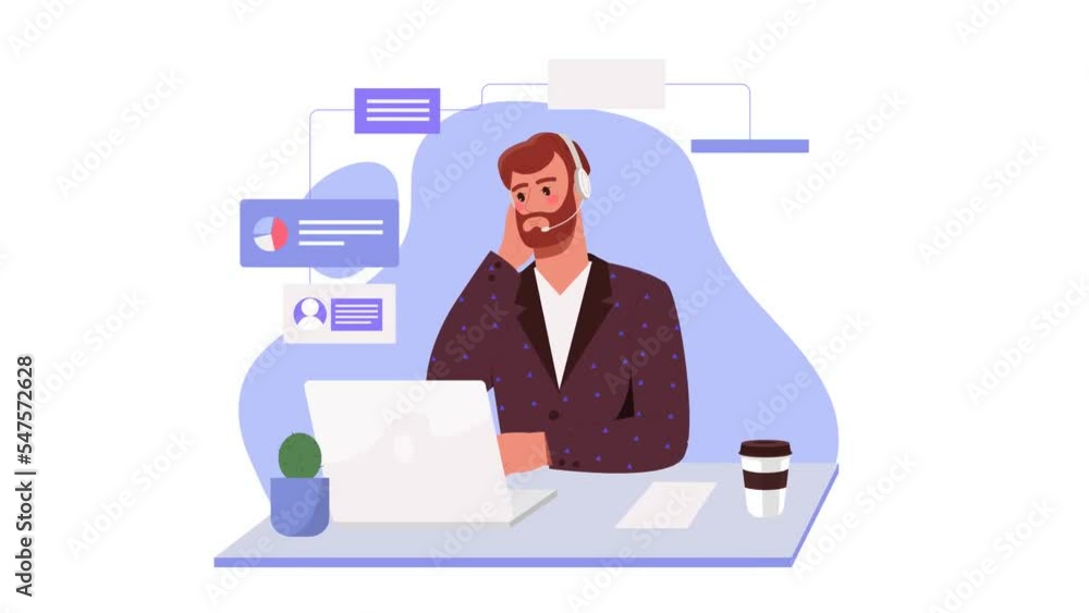 Poster customer support service operator. moving male online consultant or hotline employee works on laptop