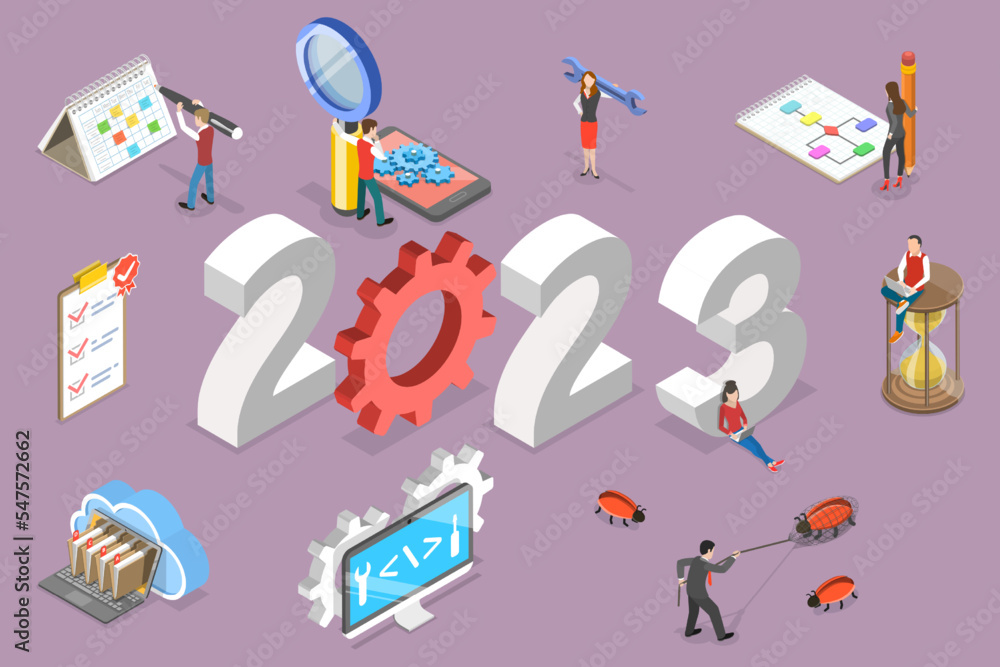 Aufkleber 3d isometric flat vector conceptual illustration of new year 2023 and software development, agile pr