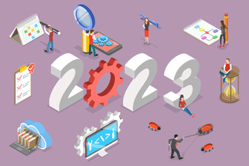 3D Isometric Flat Vector Conceptual Illustration of New Year 2023 And Software Development, Agile Project Management