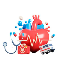3d rendering heart with stethoscope, first aid box and ambulance. Concept medical and healthcare illustration.
