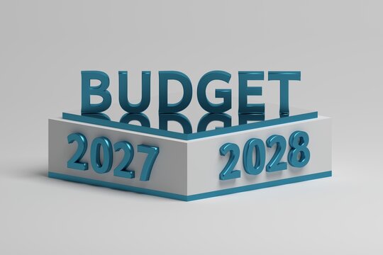Bussiness financial planning illustration with pedestal, large budget word and year 2027 and 2028 numbers