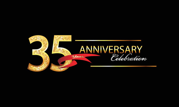 35 Year Anniversary celebration Vector Design. 35th Anniversary celebration. Gold Luxury Banner of 35th Anniversary celebration with red ribbon and glitter. Background celebration. Vector anniversary