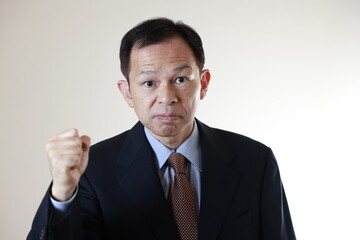 Middle-aged Japanese male businessman wearing navy blue suit on white background. Conceptual image of a project proposal, strategic business success and negotiation closing.