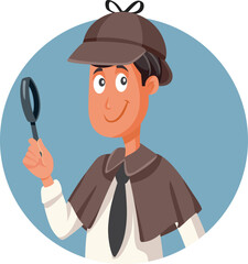 Retro Style Detective Man Holding a Magnifying Glass Vector Cartoon. Happy inspector checking for clues and solving a mystery 
