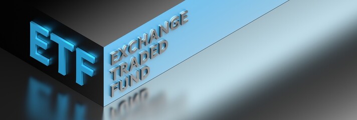 Wide banner with bussiness financial term ETF for Exchange Traded Fund in dark blue colors with copy blank space