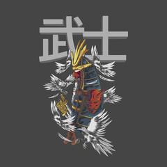 oni mask samurai illustration with raven street style japanese art