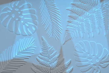 Floral pattern with tropical leaves - monstera, fern plants in glowing blue colors