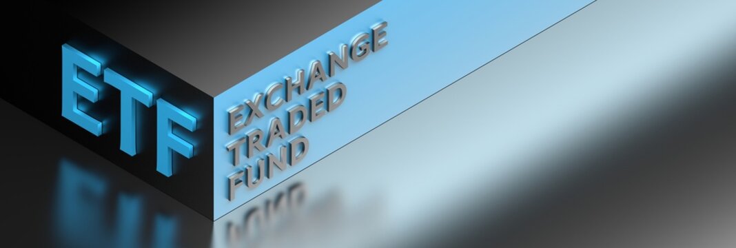 Wide banner with bussiness financial term ETF for Exchange Traded Fund in dark blue colors with copy blank space