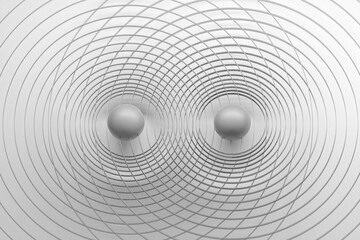 Concept illustration for interaction, connection with two balls particles and field lines in black and white colors