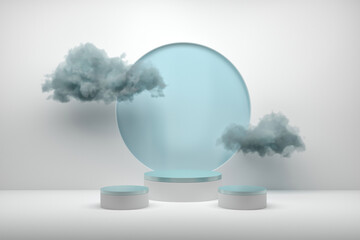 Mockup template with product presentation podium circle and two realistic clouds in white blue colors