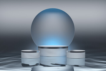 Futuristic creative product presentation podium with round wall cut out over flowing water surface in gray blue color