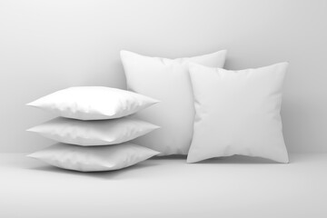 Set of five white blank pillows with blank surfaces