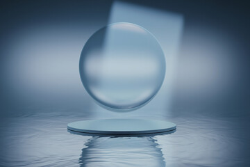 Abstract illustration with showcase product podium, spherical background over water surface in blue color