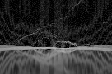 Abstract background with mesh, net, curved wireframe over reflective mirror surface in black and white colors