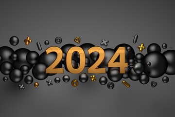 Greeting card with year 2024 numbers and black balls on dark background