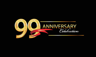 99 Year Anniversary celebration Vector Design. 99th Anniversary celebration. Gold Luxury Banner of 99th Anniversary celebration with red ribbon and glitter. Background celebration. Vector anniversary