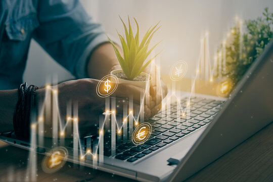 Casual Businessman Hold Office Plants and Slant Currency Sign and Stock Bar Chart and Line Graph in Vintage Tone