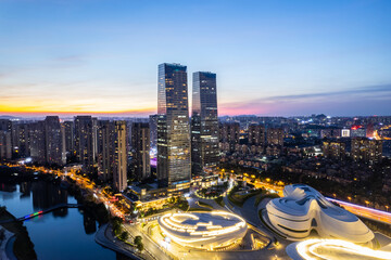 Night view of CBD buildings in Xiangjiang New District, Changsha, Hunan Province, China